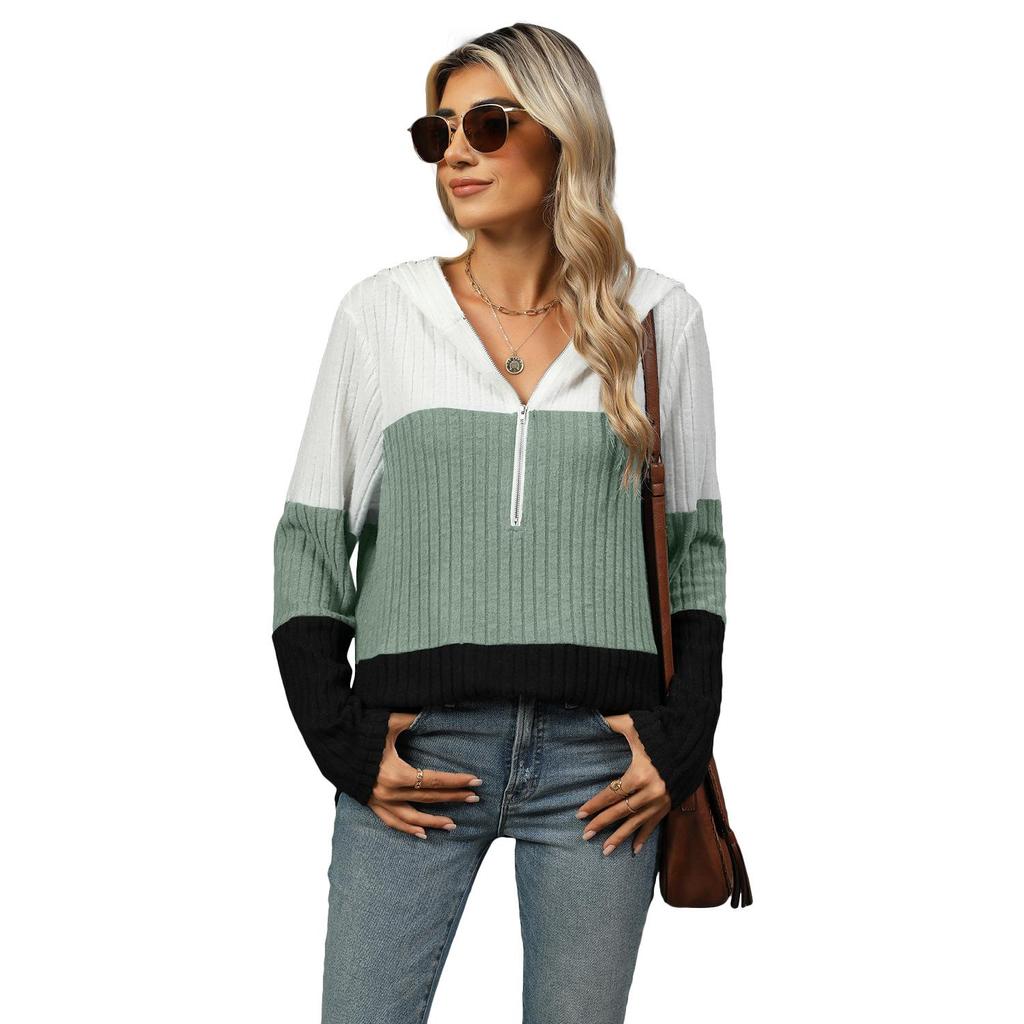 2024 Women's Color Block Zip-Up Hooded Long Sleeve Top - Autumn/Winter Collection