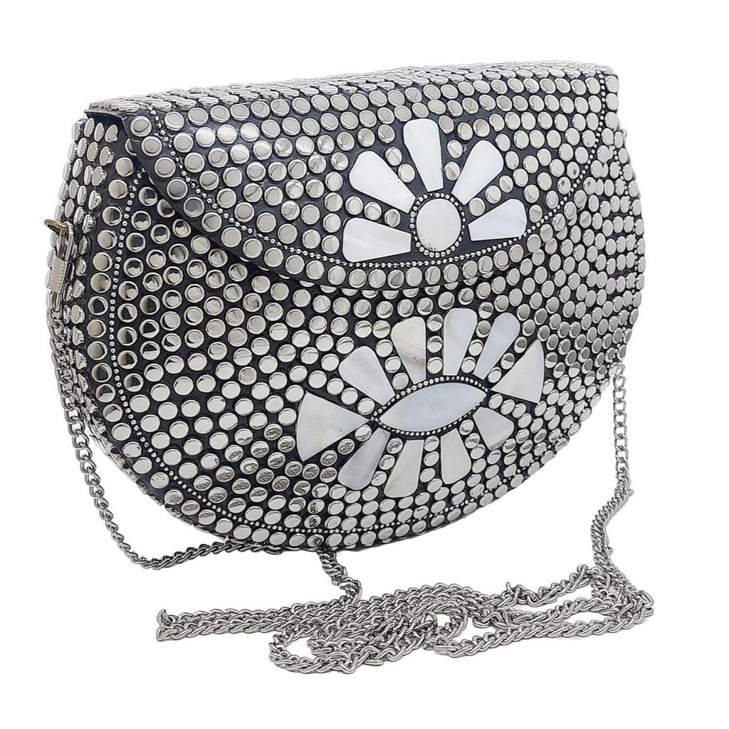Silver Metal Beaded Ethnic Purse Girls Bridal Bag Cross Body Bag for women/Girl Party Clutch Metal Clutches Vintage Brass