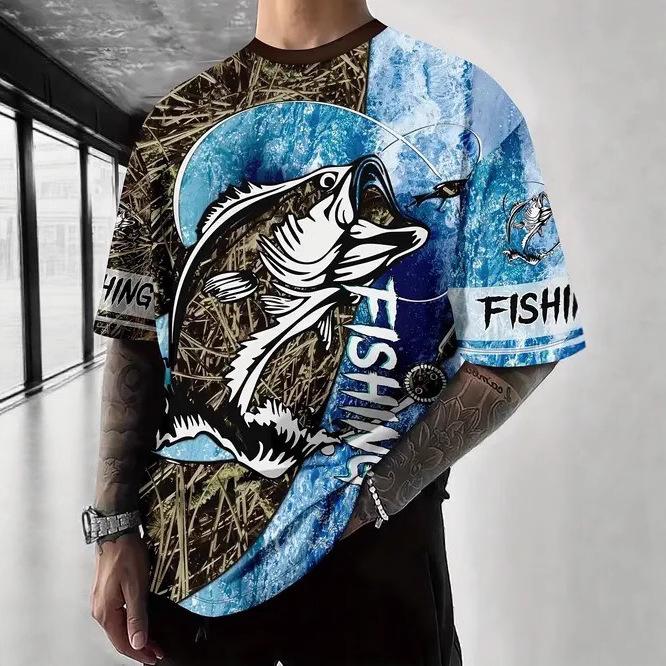 Summer Round Neck Fishing Pattern 3D Print Top Fashionable Casual Short Sleeved Men's T-shirts