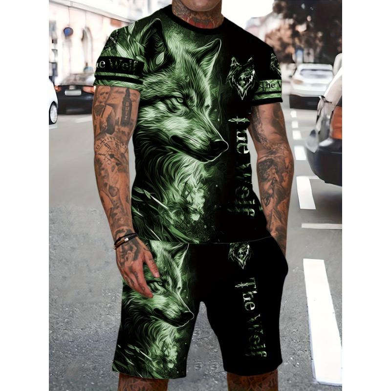 Summer men's sports suit wolf 3D 3D 3D printed short sleeved T-shirt shorts set