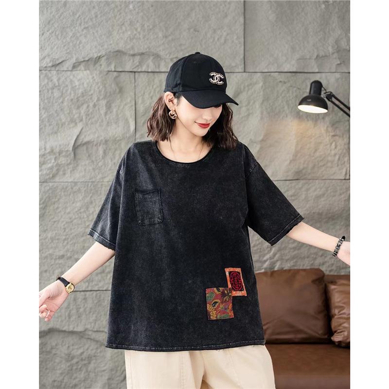 

Женская летняя модная футболка с аппликацией и вышивкой, свободного кроя, с коротким рукавом One Size чёрный