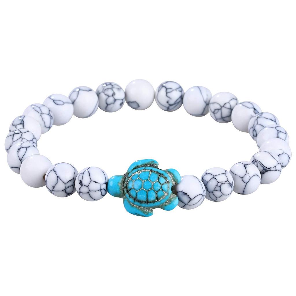 European-American Natural Stone Bracelet: 8mm Tiger Eye, White Turquoise, Agate Beads, Elastic Design