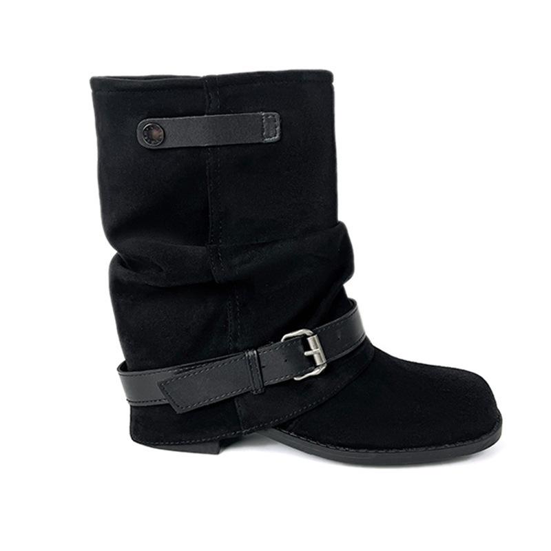 Retro square head pleated sleeve thick-soled stacking boots 2025 autumn and winter double-breasted belt buckle thick heel short tube Martin boot