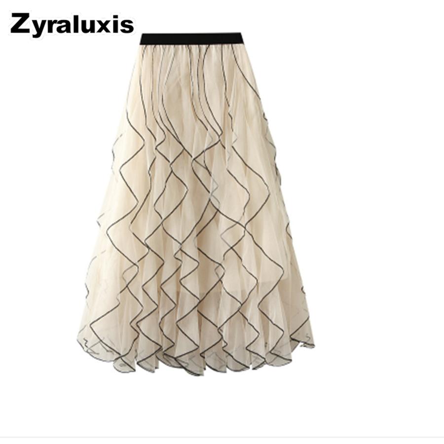 Wavy Mesh Half-Length Skirt for Women, Summer New High Waist Fairy Lace Ruffles A-Line Chiffon Dress