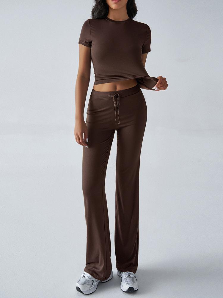 Women's Slim Fit Two Piece Outfit Set Short Sleeve Crew Neck Crop Top Drawstring Waist Straight Leg Solid Tracksuit Loungewear