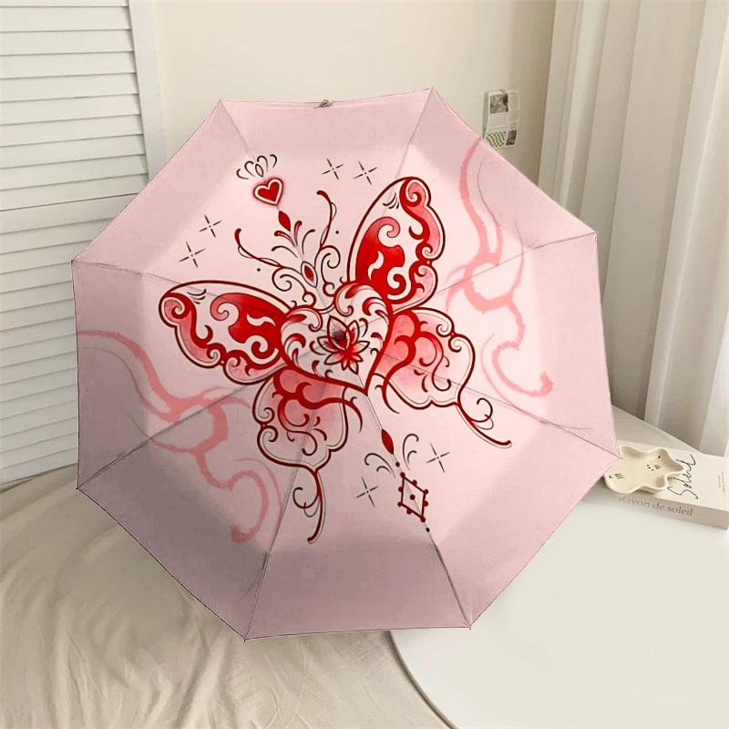 1pc Butterfly Heart Automatic Folding Umbrella 8 Rib Iron Frame,  Suitable for Travel, Daily Use, Birthday, Women & Men Gift c1231067