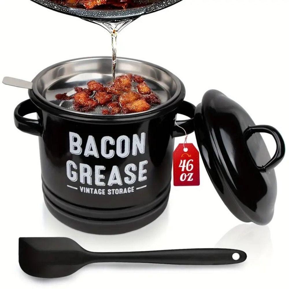 2 Handles Bacon Grease Container Lid Enamelware Cup 2025 Seasoning Storage Tank