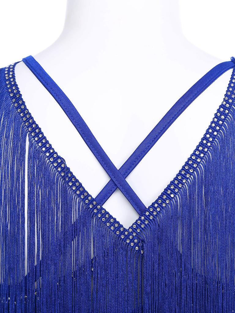 Womens Salsa Latin Dance Performance Costume V Neck Sleeveless Crisscross Back Fringe Crop Top Tiered Tassels Skirt