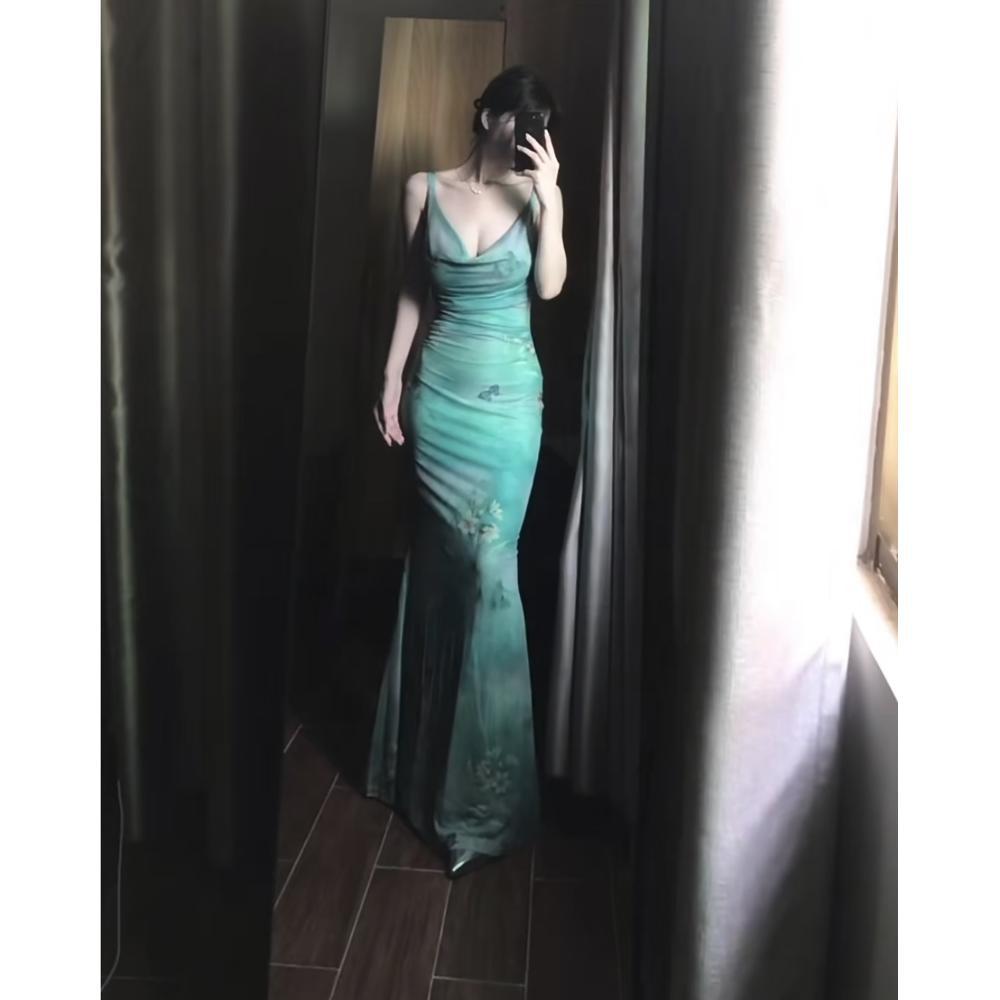 Butterfly Print Swinging Collar Suspender Dress Women's Summer Fishtail Skirt Waist Skirt Showing Figure Hip-wrapped Dress