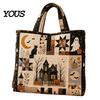 Katzenmotiv Wiederverwendbare Einkaufstasche Halloween Gesteppte Tragetasche, Kürbis Geist Aufdruck Schulter Leichte Pendler Tasche Polyester Handtasche für Freizeit