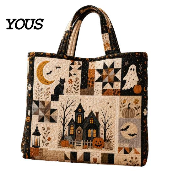 Katzenmotiv Wiederverwendbare Einkaufstasche Halloween Gesteppte Tragetasche, Kürbis Geist Aufdruck Schulter Leichte Pendler Tasche Polyester Handtasche für Freizeit