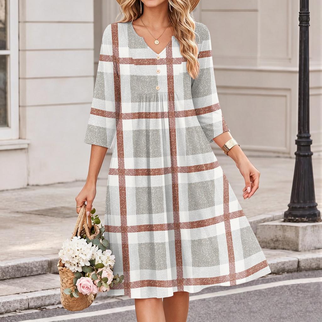 Damen Casual V-Ausschnitt Karomuster Dreiviertelarm Kleid für den Alltag