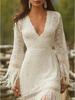 Retro White Lace V-Neck Long Sleeve Tassel High-Low Skirt