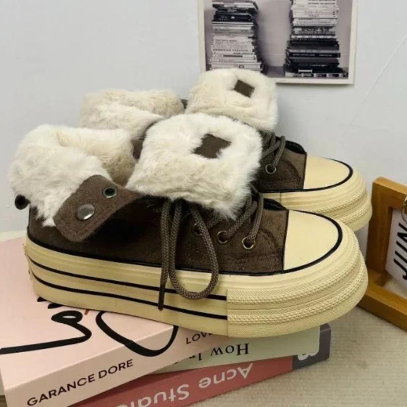 Women Shoes Winter Plush Warm Shoes Classic High Top Canvas Oes Winter Sneakers for Women Lace Up Platform Vulcanize Shoe