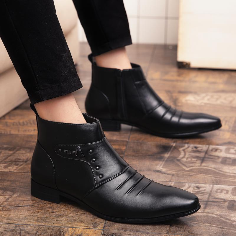 Fashion Fashion Designer Mens Side Zipper Ankle Boots  Classic Pointed Toe Male Chelsea Boots Handmade Leather High Top Shoes Business