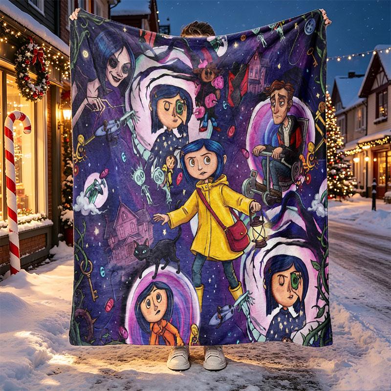 Coraline Pattern Blanket for Home Decoration, Bed, Sofa, Car Travel, Camping, Suitable for All Seasons, Birthday Christmas Gift