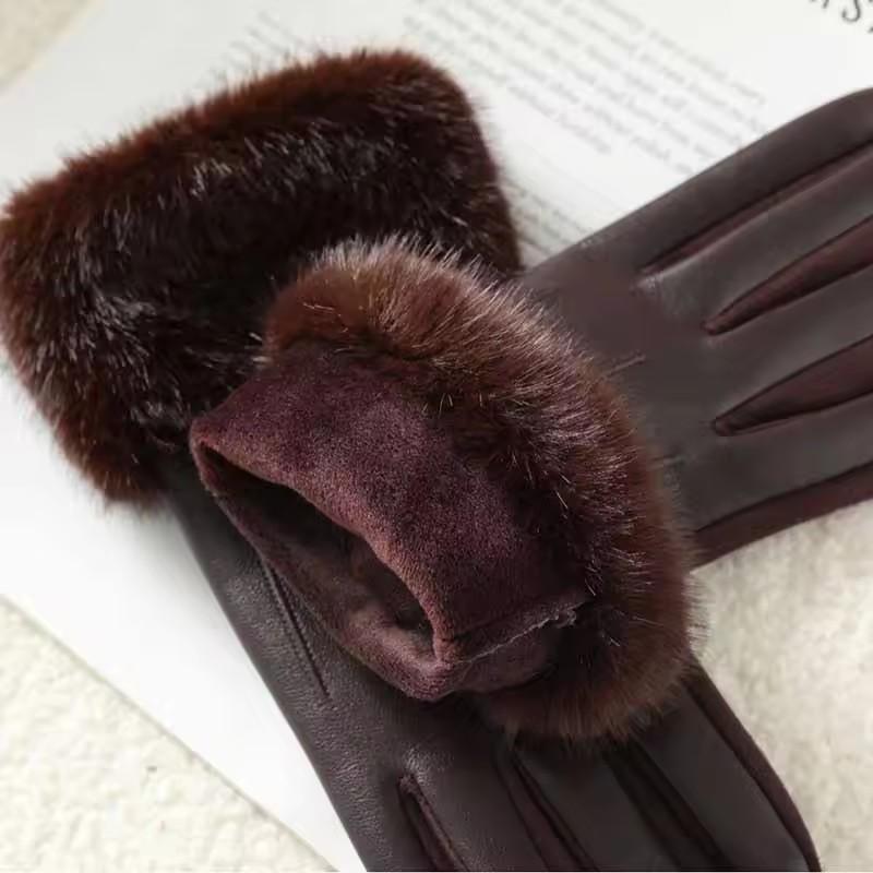 New Leather Fashionable Soft Gloves for Women Artificial Fur Cuffs Winter Warm Touch Screen Gloves Elegant Waterproof Gloves