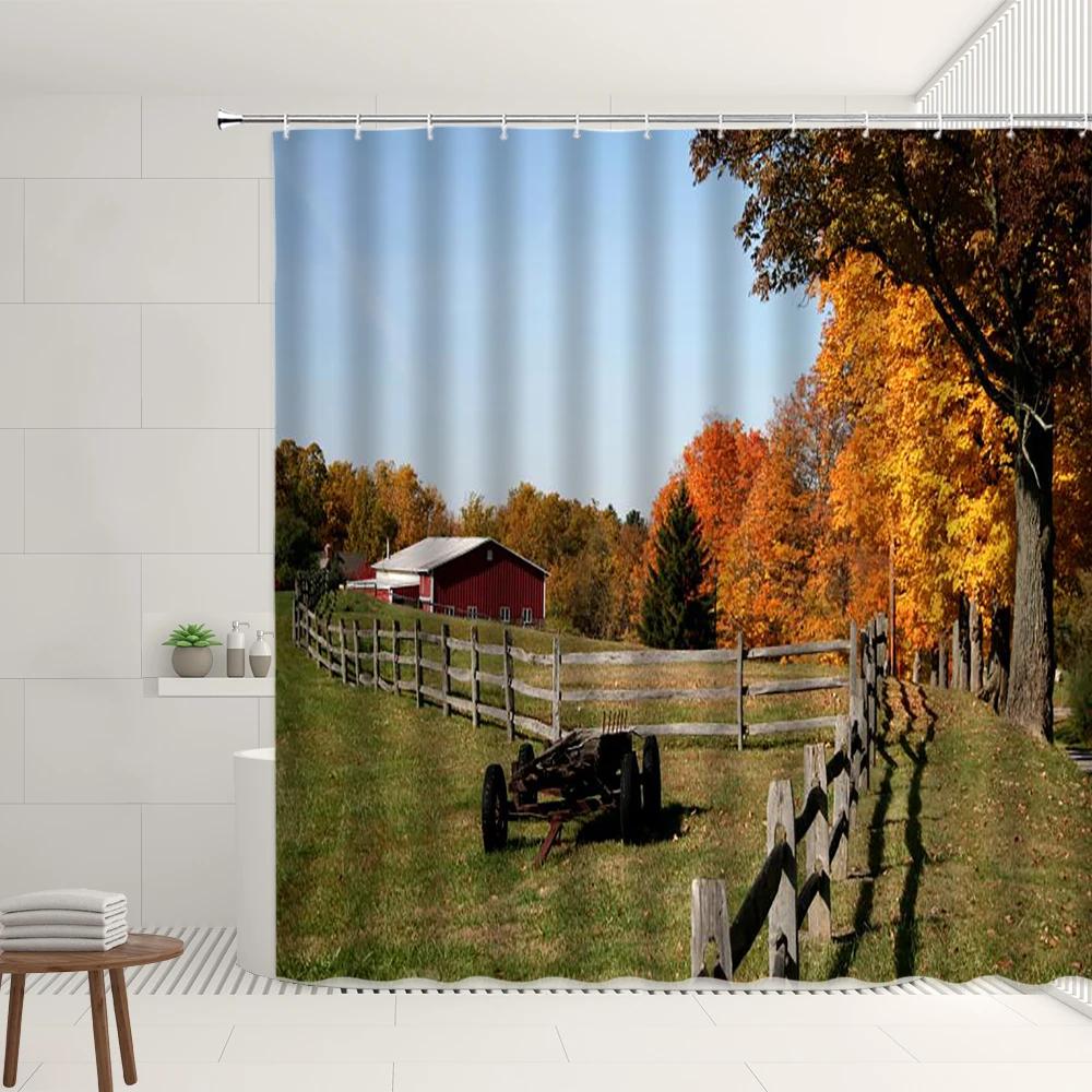 Farm Scenery Shower Curtain Old Retro Farmhouse Green Bamboo Forest Tree Autumn View Garden Decor Wall Covering Bathroom Screens