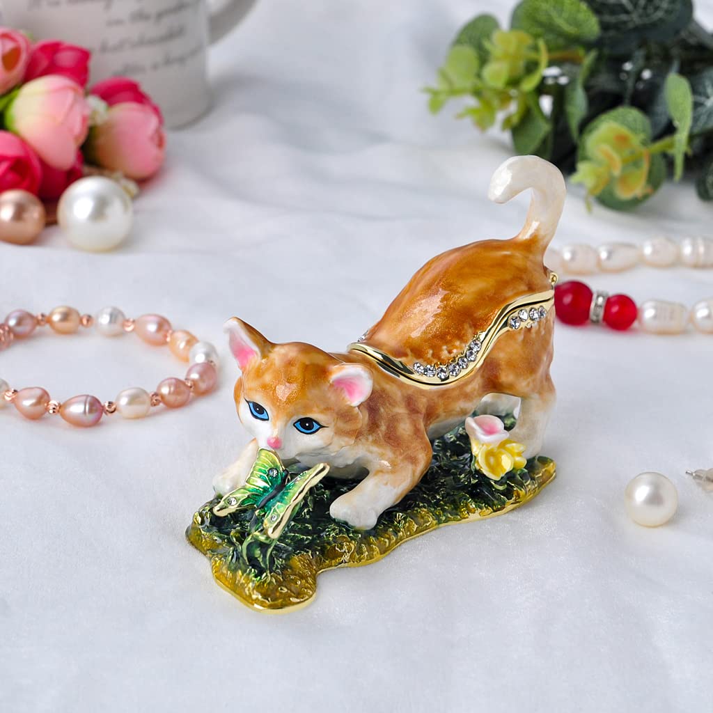 Cat Trinket Box, Small Animal Figurine, Gold Plated Crystal Enamel Jewelry, Animal Home Decor, Gift for Cat Lovers