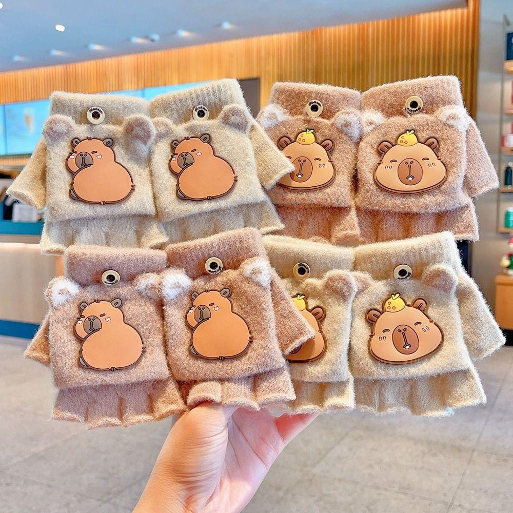 New 6-10 Years Old Half Finger Gloves Thickened Cute Capybara Winter Flip Gloves Elastic Warm Writing Gloves Outdoor