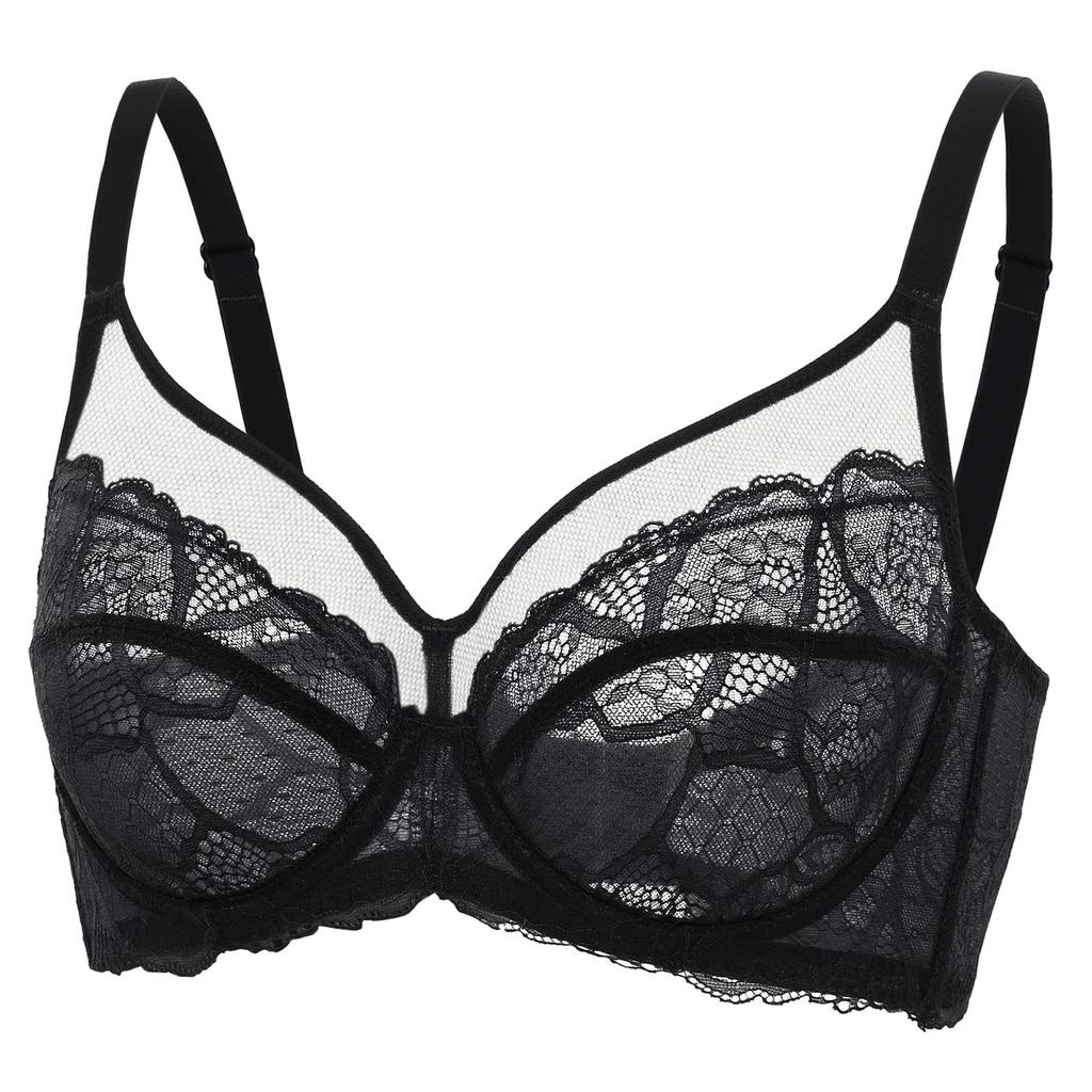 Large Size Bra for No Makes You Look F75 [DOBREVA] Women, Lace, See-through, Sexy, Underwired, Pads, Smaller, Black,