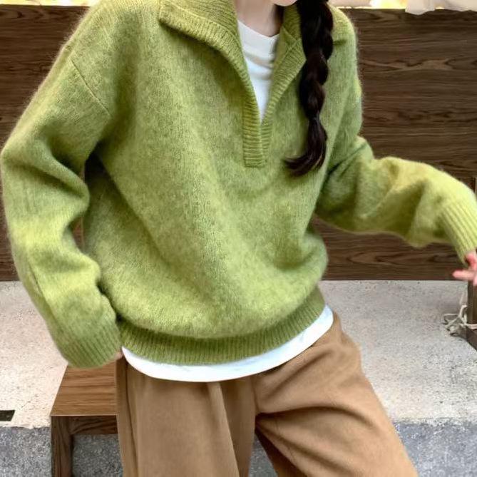 Avocado Green Korean-Style Fluffy Knit Cardigan Pullover for Women