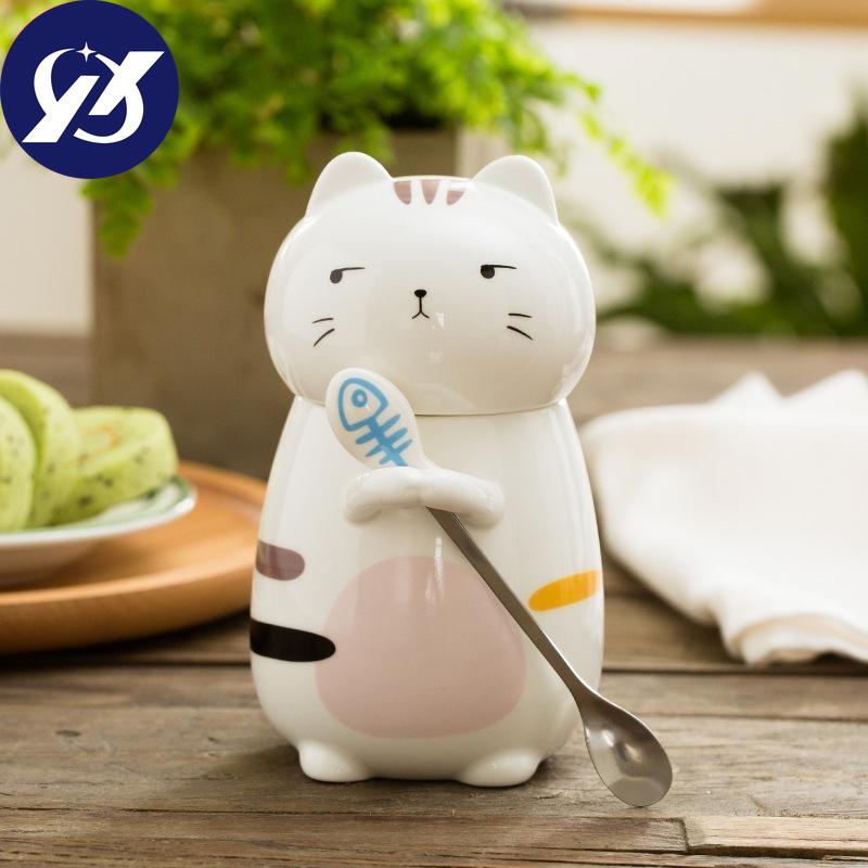 Super Cute 3D Animal Cat Cute Ceramic Water Cup Lovers Creative Large Capacity Mug with Cover Coffee Cup