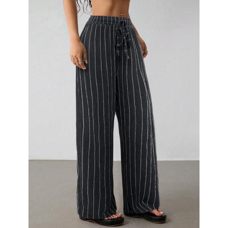 Women's Vertical Striped Drawstring Elastic Waist Loose Wide Leg Long Pants Casual Trousers