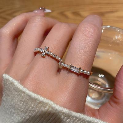 Luxus Imitationsperle Zirkon Damenring Blume Kreuz Zeigefingerringe Offen Verstellbar Hochzeitsschmuck Designer Ästhetisches Accessoire Frau Geschenk