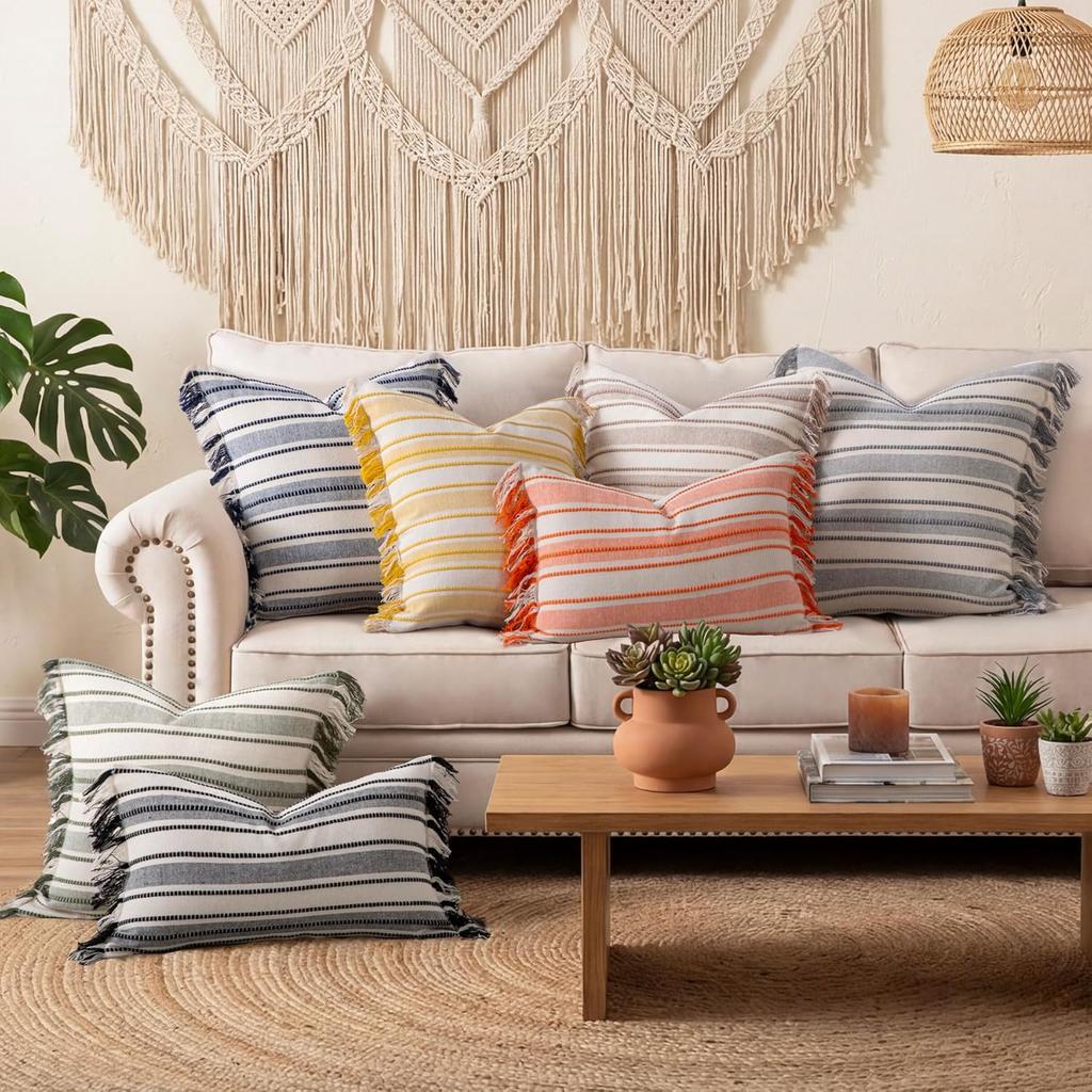 Spring Throw Pillow Covers Striped Pillow Covers with Tassel Boho Farmhouse Cushion Cover for Home Sofa Bed Living Room Decor