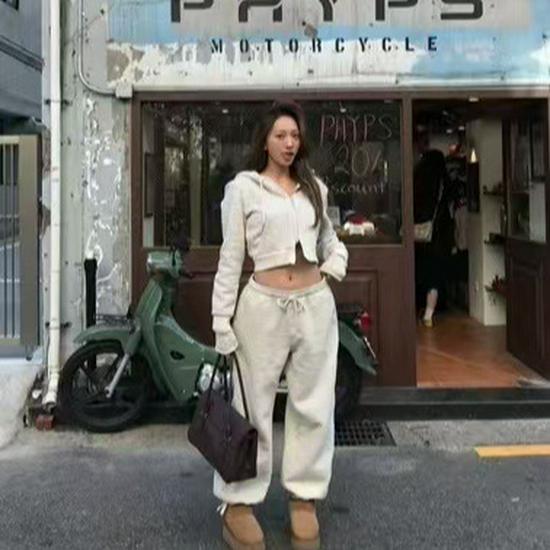 Düz Bacak Pantolonlu Kore Sooin Günlük Çizgili Kapüşonlu Sweatshirt Ceket