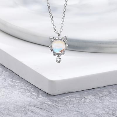 Collana in argento sterling S925 con fiocco di gatto in pietra di luna per donna, stile dolce e carino, celebrità di internet, aurora, catena per clavicola smaltata