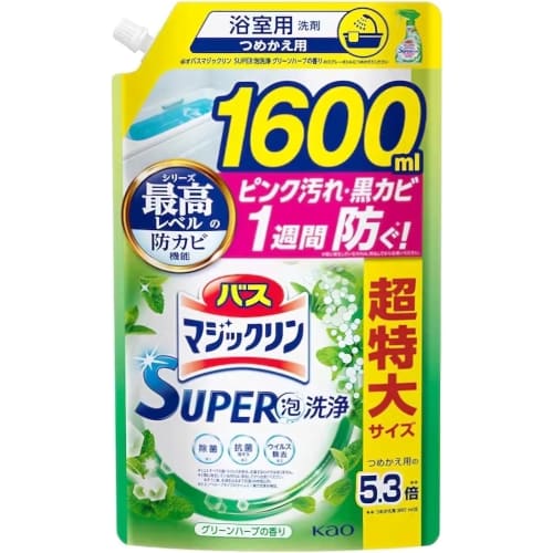 Bath Magiclean Large Capacity Refill (1600ml) - Super Foam Cleansing - Prevents Bacterial Stains and Cleans! Green Herb Scent aTA Ma Mole Pocket Tissu