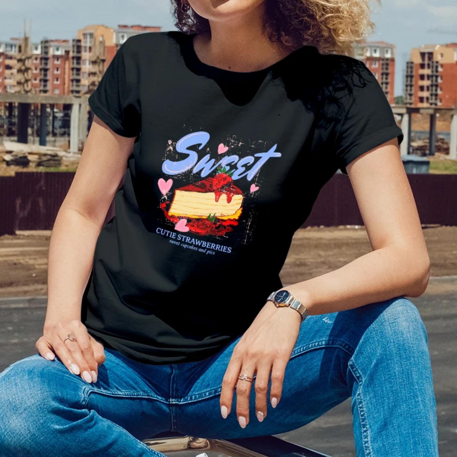 

Summer Womens Short Sleeve CottonTShirt Sweet Cutie Strawberries Dessert Print forOutdoorPicnicsYoungWomen with a CuteYummyStyle S чёрный