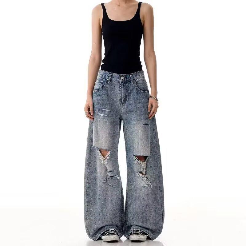 American high street ripped design feeling washed jeans men's summer trend loose casual wide-leg straight trousers