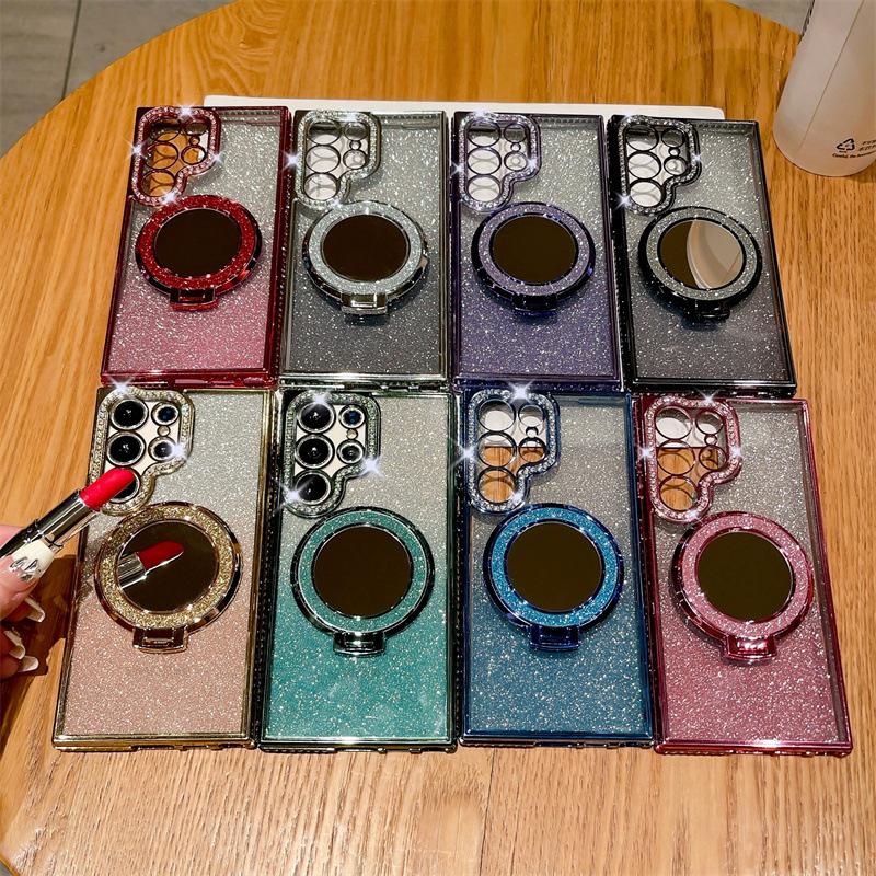 Applicable to Samsung S26Ultra mobile phone case, rhinestone glitter powder, magnetic mirror bracket S25 anti-drop soft case A56