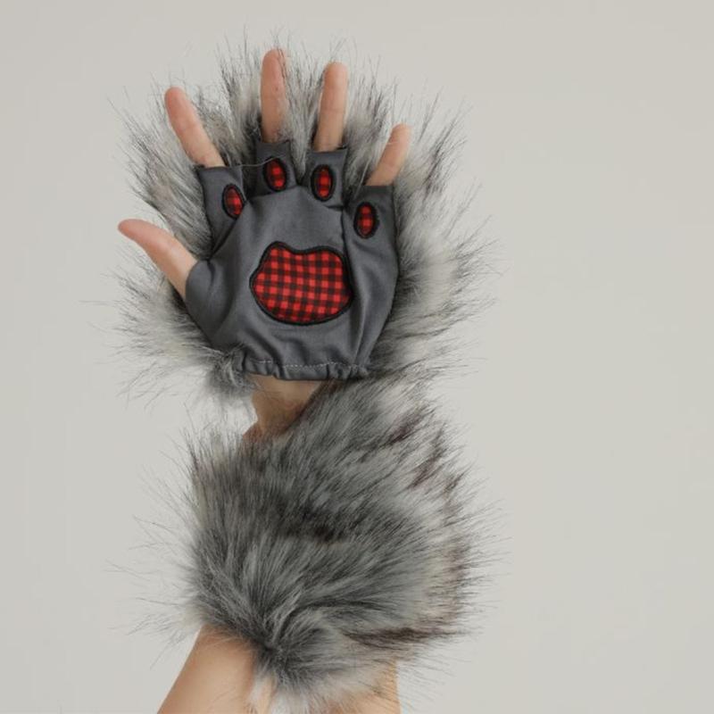 Faux kožušiny Kočičí drápy Rukavice bez prstů Kožešinový oblek Zvířecí Liščí tlapky Halloween Cosplay Kostýmové doplňky