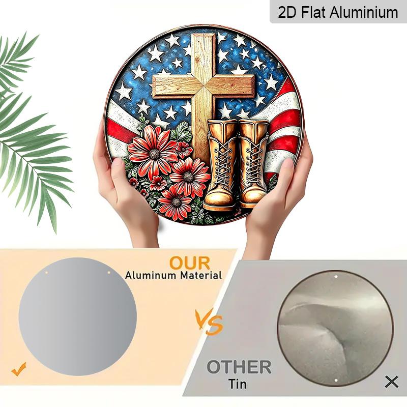 2D Flat Retro Round Aluminum Wall Decor, Memorial Day Cross & Boots Design, Indoor Outdoor Hanging Plaque, Memorial Home Gift