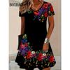 Summer 3D Print Dresses Women Fashion Pullover Short Sleeve V-Neck Dress Casual Retro Flowers Loose Plus Size Female Clothing