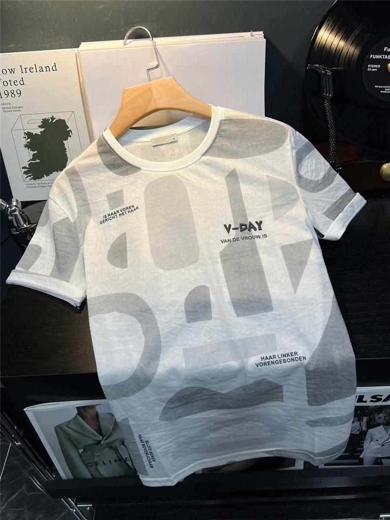 Men's Ultra-Thin Hip Hop Letter Print Short Sleeve T-Shirt, Summer 2024 Korean Style