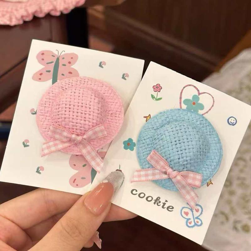 Cute Mini Straw Hat Hair Clips & Hair Ties No Hair Damage Soft Pastel Gingham Bows for Toddler Girls School Daily Wear