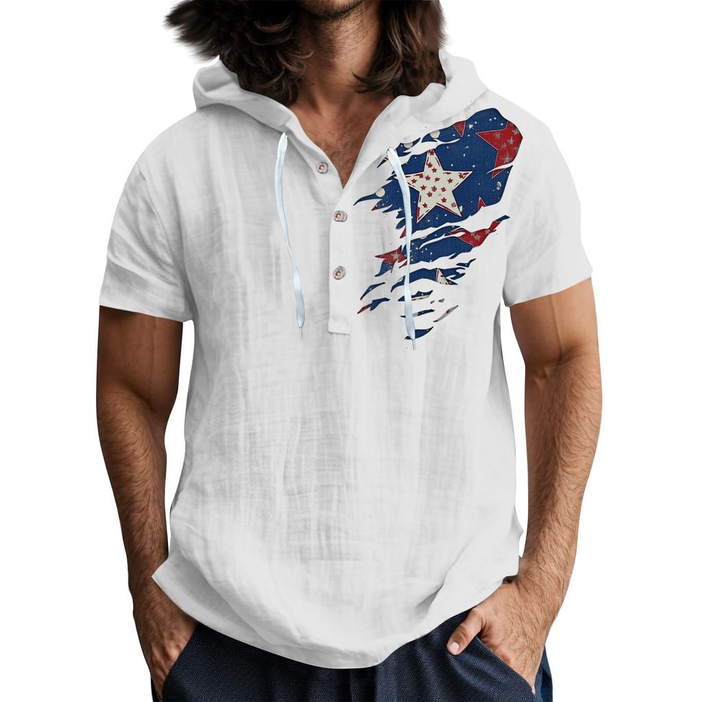 Lässiges T-Shirt mit kurzen Ärmeln und Kapuze für Herren mit Knopfleiste und offenem Hals