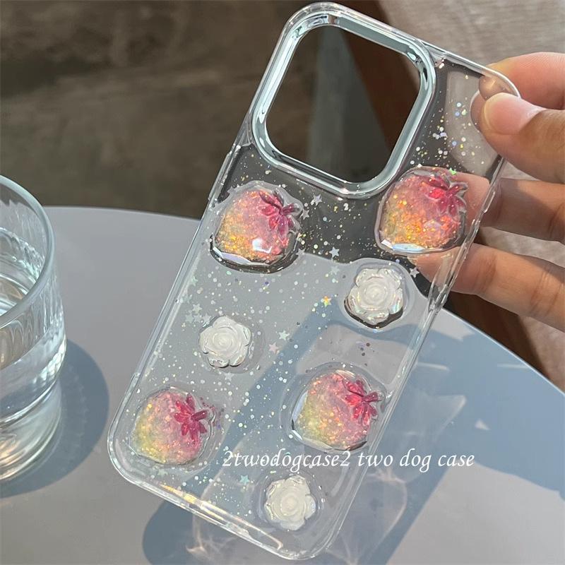 Gradient Color Strawberry Three-dimensional Flower Phone Case for IPhone16promax Glitter Powder for Apple 17 Sequin Transparent