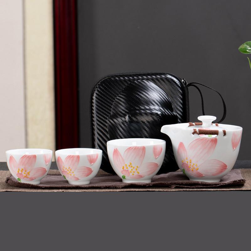 

White porcelain hand-painted Kuaike, a pot of three cups, portable travel Kung Fu tea set, ceramic tea set розовый