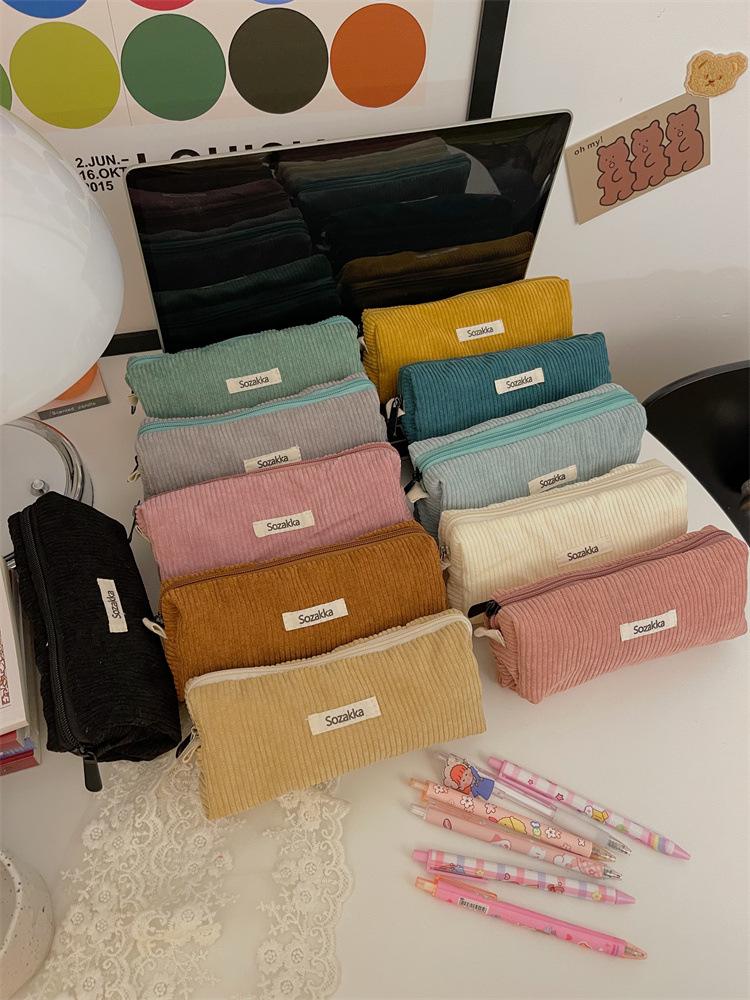 Little White Rabbit Corduroy Pencil Case – Vintage Solid Color Stationery Bag for Students