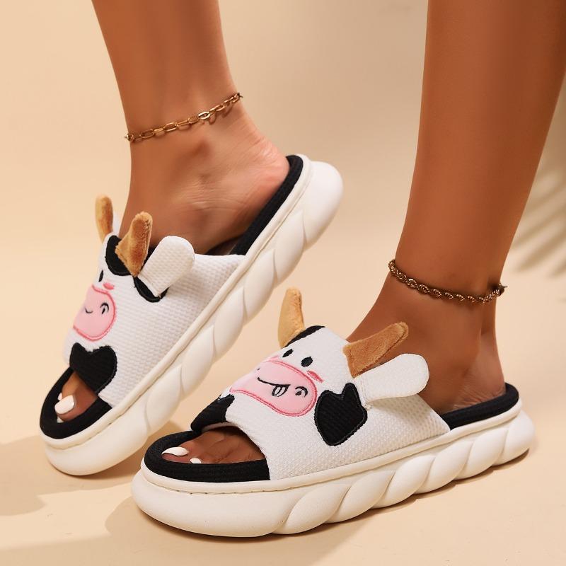 Fashion Women Linen Slippers Cow Design Breathable Home Shoes All Season House Sandals