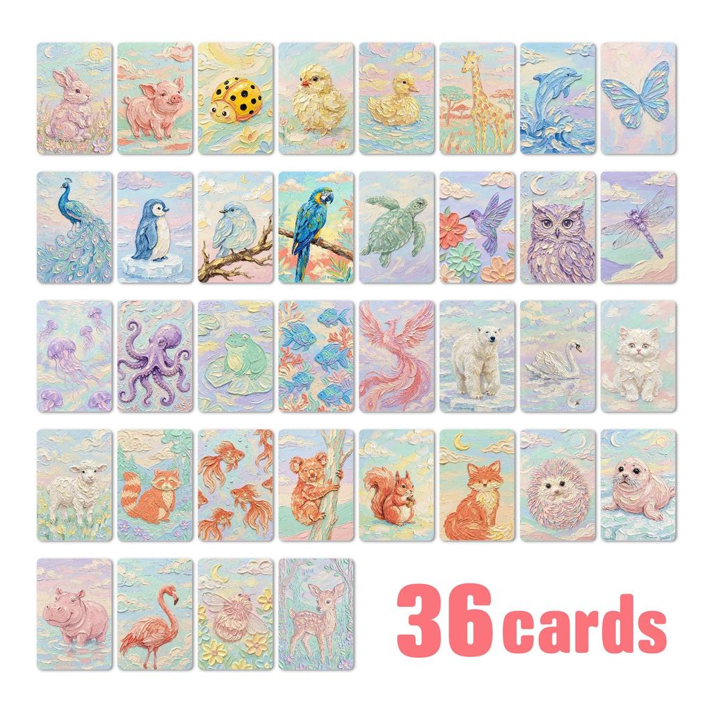 36Pcs Thick Oil Painting Style Animal Cards Cute Hand-drawn Postcard Journal Decor Set