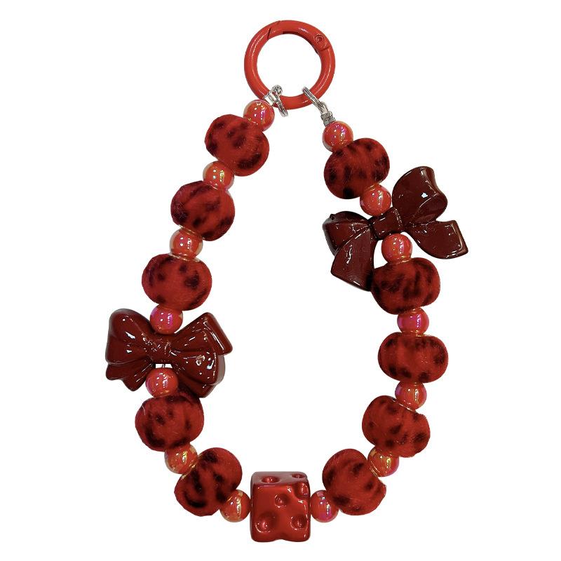 Vintage Red Fur Ball Phone Lanyard Sweet Beaded Mobile Phone Chain Keychain  Year Christmas Cellphone Strap Camera Pendant