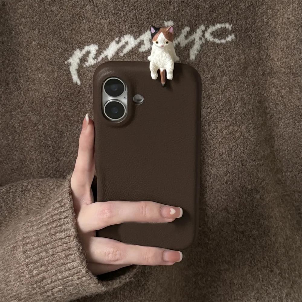 Cute 3D Cartoon Lying Cat Fish Lychee Pattern Leather Phone Case For iPhone 16 Pro 15 13 12 11 Pro Max 14 Plus Lovely Soft Cover