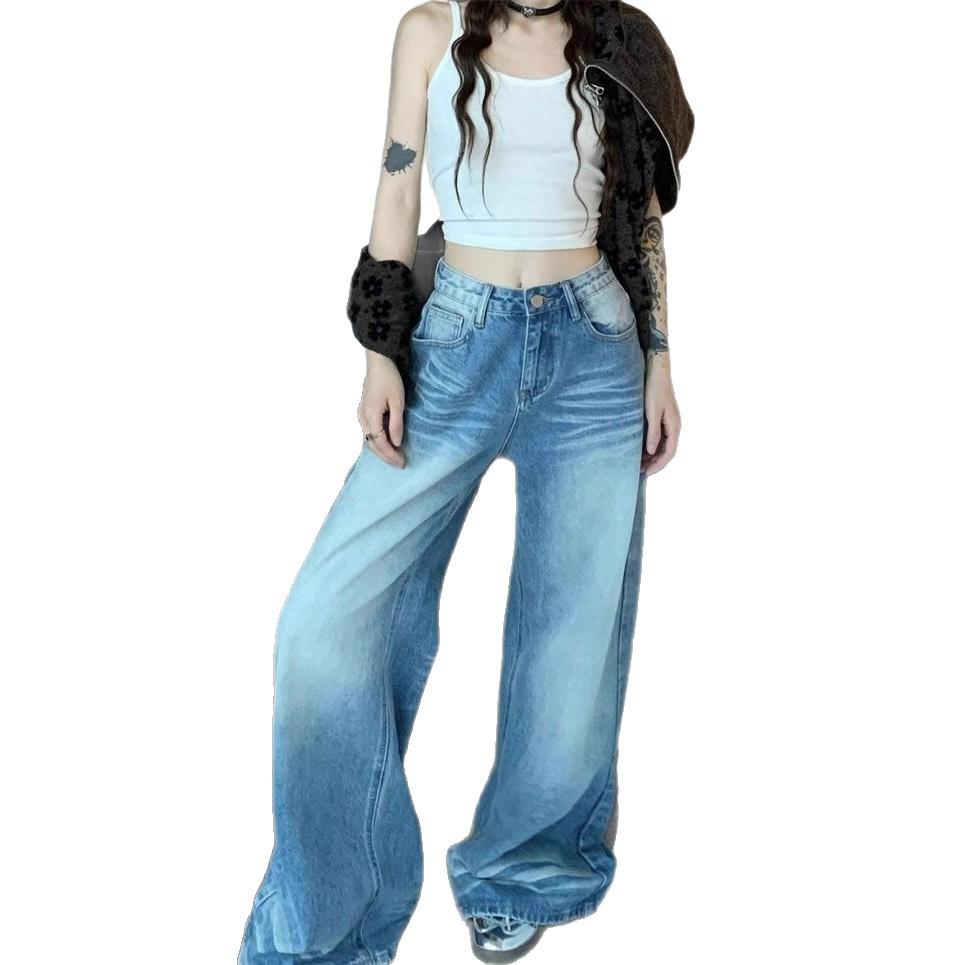 Comfortable Crease Design Sense Washed Jeans Female Do Old Wide Leg Trousers Loose High Waist Trailing Trousers Jeans for Women Long Denim Pants